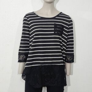 SELFEE brand black and white striped t-shirt, characterized by its lace details
